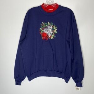 Vintage Bon Worth Cat Poinsettia Blue Christmas Sweatshirt Medium NWT